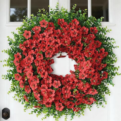26" Large Artificial Eucalyptus with Flower Wreath for Front Door - Realistic Fake Silk Morning Glory Flowers, Faux Colored Flower Wreath for Home, Farmhouse, Wedding, Indoor, Outdoor Decor (Purple) in Saudi Arabia