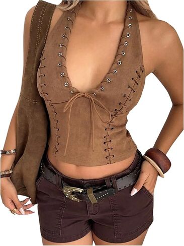SweatyRocks Women's Deep V Neck Lace Up Crop Halter Tops Tie Front Western Cowgirl Suede Top in Saudi Arabia