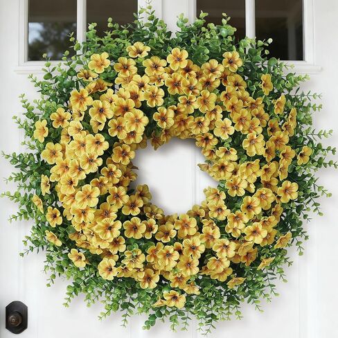 26" Large Artificial Eucalyptus with Flower Wreath for Front Door - Realistic Fake Silk Morning Glory Flowers, Faux Colored Flower Wreath for Home, Farmhouse, Wedding, Indoor, Outdoor Decor (Purple) in Saudi Arabia