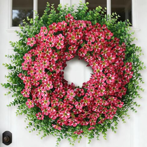 26" Large Artificial Eucalyptus with Flower Wreath for Front Door - Realistic Fake Silk Morning Glory Flowers, Faux Colored Flower Wreath for Home, Farmhouse, Wedding, Indoor, Outdoor Decor (Purple) in Saudi Arabia