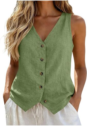 Linen Vest Tops for Women Summer Button Down Sleeveless Shirts Cotton Blend V Neck Tank Dressy Casual Work Gauzy Vests in Kuwait