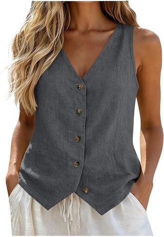 Linen Vest Tops for Women Summer Button Down Sleeveless Shirts Cotton Blend V Neck Tank Dressy Casual Work Gauzy Vests in Kuwait