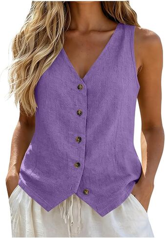 Linen Vest Tops for Women Summer Button Down Sleeveless Shirts Cotton Blend V Neck Tank Dressy Casual Work Gauzy Vests in Kuwait