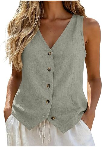 Linen Vest Tops for Women Summer Button Down Sleeveless Shirts Cotton Blend V Neck Tank Dressy Casual Work Gauzy Vests in Kuwait