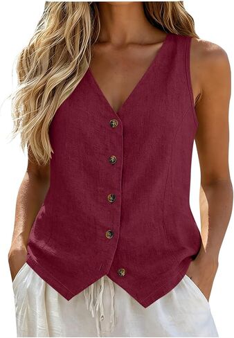 Linen Vest Tops for Women Summer Button Down Sleeveless Shirts Cotton Blend V Neck Tank Dressy Casual Work Gauzy Vests in Kuwait