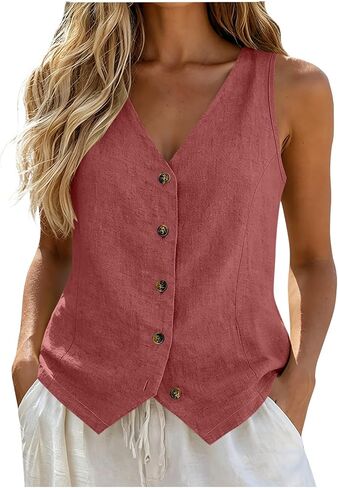Linen Vest Tops for Women Summer Button Down Sleeveless Shirts Cotton Blend V Neck Tank Dressy Casual Work Gauzy Vests in Kuwait