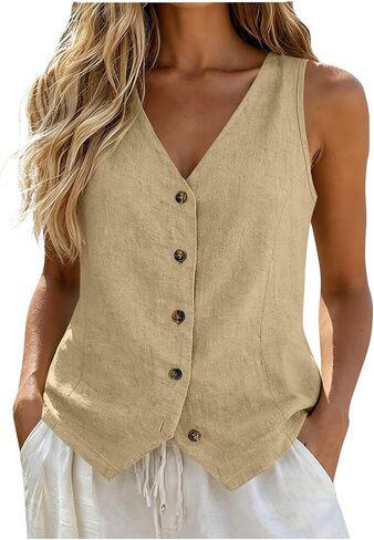Linen Vest Tops for Women Summer Button Down Sleeveless Shirts Cotton Blend V Neck Tank Dressy Casual Work Gauzy Vests in Kuwait