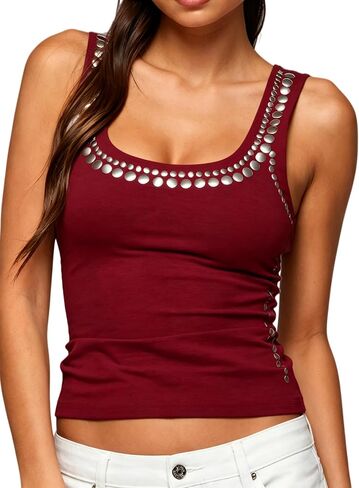 Seyumixi Women's Grommet Tops Sleeveless Scoop Neck Crop Top Silver Rivets Shirt Studded Tank Top Going Out Streetwear in Saudi Arabia