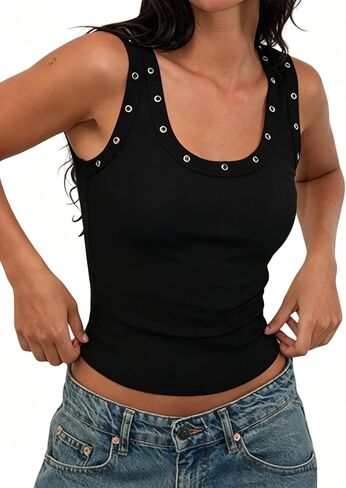 Seyumixi Women's Grommet Tops Sleeveless Scoop Neck Crop Top Silver Rivets Shirt Studded Tank Top Going Out Streetwear in Saudi Arabia