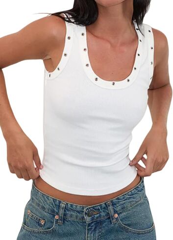 Seyumixi Women's Grommet Tops Sleeveless Scoop Neck Crop Top Silver Rivets Shirt Studded Tank Top Going Out Streetwear in Saudi Arabia