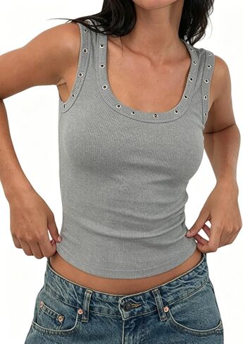 Seyumixi Women's Grommet Tops Sleeveless Scoop Neck Crop Top Silver Rivets Shirt Studded Tank Top Going Out Streetwear in Saudi Arabia