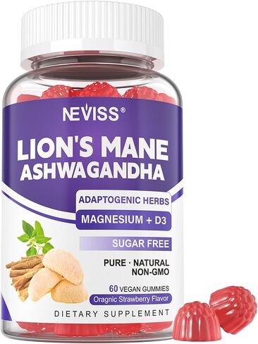 Lions Mane Ashwagandha + Magnesium Glycinate Gummies، مكملات الكورتيزول الهادئة للنساء والرجال مع الزعفران والماكا لذاكرة الطاقة، صمغ مهدئ بتركيز الفطر للبالغين، خالي من السكر، نباتي 120 قيراط in Kuwait