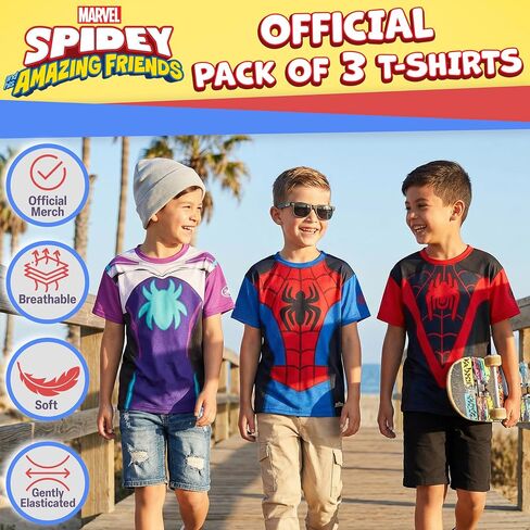 تي شيرت بأكمام قصيرة للأولاد من Get Trend Marvel Spidey، تي شيرت برسومات للأطفال، مجموعة من 3 قطع علوية صيفية برقبة دائرية، هدايا سبايدرمان للأولاد in Kuwait