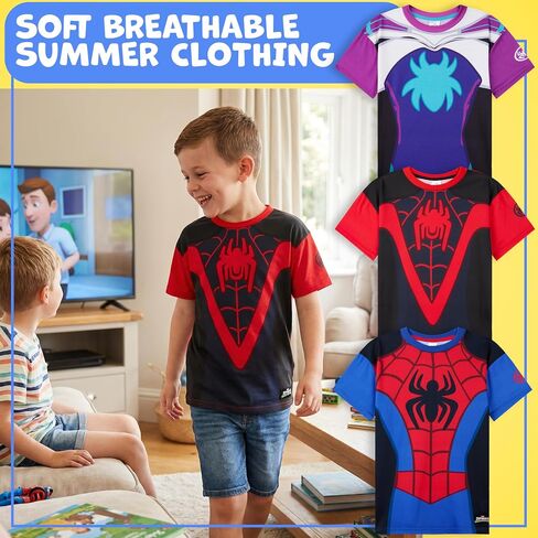 تي شيرت بأكمام قصيرة للأولاد من Get Trend Marvel Spidey، تي شيرت برسومات للأطفال، مجموعة من 3 قطع علوية صيفية برقبة دائرية، هدايا سبايدرمان للأولاد in Kuwait