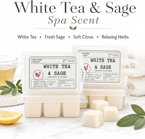 White Tea & Sage - USA Made Soy Wax Melts, 2 Pack, 6 oz | 2 clamshells, 6 oz total, 12 cubes • clean resort spa scent • USA-grown soy wax in Saudi Arabia