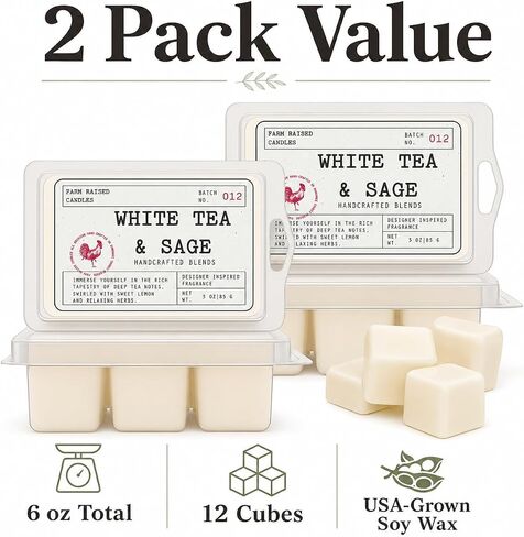 White Tea & Sage - USA Made Soy Wax Melts, 2 Pack, 6 oz | 2 clamshells, 6 oz total, 12 cubes • clean resort spa scent • USA-grown soy wax in Saudi Arabia