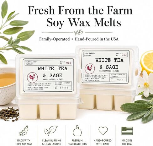 White Tea & Sage - USA Made Soy Wax Melts, 2 Pack, 6 oz | 2 clamshells, 6 oz total, 12 cubes • clean resort spa scent • USA-grown soy wax in Saudi Arabia