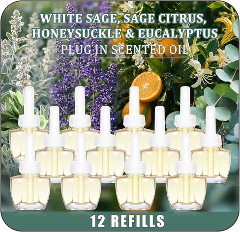 FIRIK Plug in Refills Air Freshener, White Sage, Sage & Citrus, Honeysuckle, Eucalyptus, for Home and Bathroom 7.92 Fl Oz 12 Count, Compatible with Air Wick & Glade, Not Include Glade Plus in Saudi Arabia