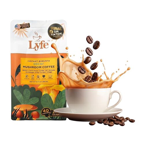 قهوة الفطر العضوية منزوعة الكافيين من LYFE، عرف الأسد، تشاجا، كورديسيبس، بوق الملك، ريشي، شيتاكي وذيل الديك الرومي، مزيج متكيف للتركيز، طاقة هادئة، وضوح وعافية يومية، 40 وجبة in Kuwait