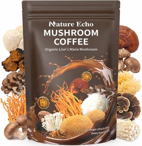 Nature Echo 15-in-1 Mushroom Coffee Powder - 2000mg Blend with Organic Lion’s Mane, Ashwagandha & L-Theanine - Supports Focus, Clarity & Calm Energy - Vegan Coffee Alternative, 30 Servings in Saudi Arabia