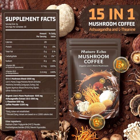 Nature Echo 15-in-1 Mushroom Coffee Powder - 2000mg Blend with Organic Lion’s Mane, Ashwagandha & L-Theanine - Supports Focus, Clarity & Calm Energy - Vegan Coffee Alternative, 30 Servings in Saudi Arabia