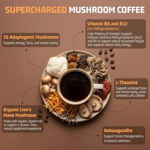 Nature Echo 15-in-1 Mushroom Coffee Powder - 2000mg Blend with Organic Lion’s Mane, Ashwagandha & L-Theanine - Supports Focus, Clarity & Calm Energy - Vegan Coffee Alternative, 30 Servings in Saudi Arabia