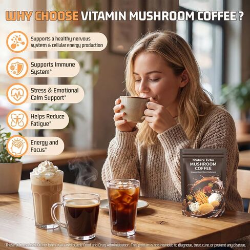 Nature Echo 15-in-1 Mushroom Coffee Powder - 2000mg Blend with Organic Lion’s Mane, Ashwagandha & L-Theanine - Supports Focus, Clarity & Calm Energy - Vegan Coffee Alternative, 30 Servings in Saudi Arabia