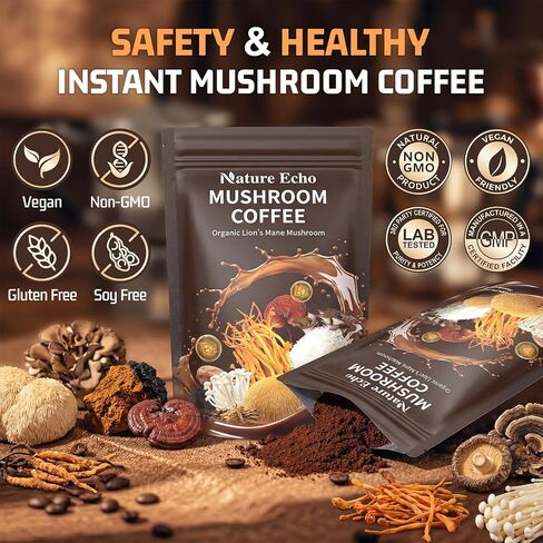 Nature Echo 15-in-1 Mushroom Coffee Powder - 2000mg Blend with Organic Lion’s Mane, Ashwagandha & L-Theanine - Supports Focus, Clarity & Calm Energy - Vegan Coffee Alternative, 30 Servings in Saudi Arabia