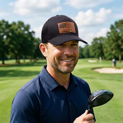 Best Dad By Par Golf Trucker Hat Faux Leather Patch American Flag Snapback Black Cap in Saudi Arabia