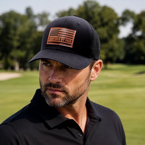 Best Dad By Par Golf Trucker Hat Faux Leather Patch American Flag Snapback Black Cap in Saudi Arabia
