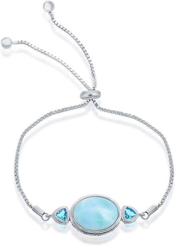 Oval-Shaped Natural Larimar Gemstone with Simulated Blue Topaz Adjustable Bolo Bracelet Sterling Silver Jewelry for Women in Kuwait