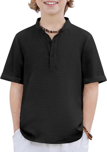 Arshiner Boys Short Sleeve Henley Shirt Button Up Summer T Shirt Casual Tops Tees for Kid 4-12 Years in Kuwait