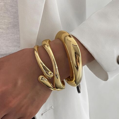 IFKM 3pcs Chunky Gold Bangle Bracelet For Women 14k Gold Plated Trendy Wide Hinged Cuff Open Bracelet Dainty Minimalist Jewelry Gifts in Kuwait