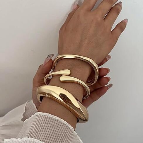 IFKM 3pcs Chunky Gold Bangle Bracelet For Women 14k Gold Plated Trendy Wide Hinged Cuff Open Bracelet Dainty Minimalist Jewelry Gifts in Kuwait