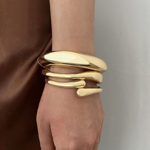 IFKM 3pcs Chunky Gold Bangle Bracelet For Women 14k Gold Plated Trendy Wide Hinged Cuff Open Bracelet Dainty Minimalist Jewelry Gifts in Kuwait