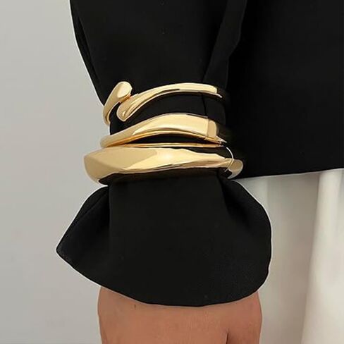 IFKM 3pcs Chunky Gold Bangle Bracelet For Women 14k Gold Plated Trendy Wide Hinged Cuff Open Bracelet Dainty Minimalist Jewelry Gifts in Kuwait