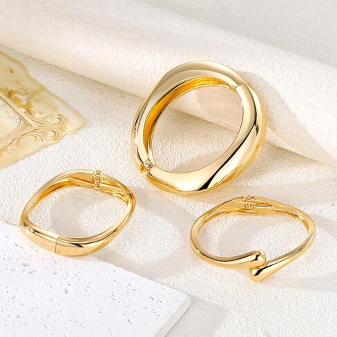IFKM 3pcs Chunky Gold Bangle Bracelet For Women 14k Gold Plated Trendy Wide Hinged Cuff Open Bracelet Dainty Minimalist Jewelry Gifts in Kuwait