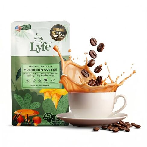 قهوة الفطر العضوية منزوعة الكافيين من LYFE، عرف الأسد، تشاجا، كورديسيبس، بوق الملك، ريشي، شيتاكي وذيل الديك الرومي، مزيج متكيف للتركيز، طاقة هادئة، وضوح وعافية يومية، 40 وجبة in Kuwait