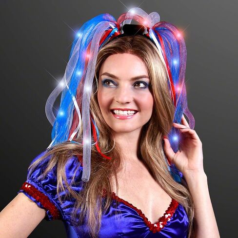 FlashingBlinkyLights Light Up Red, White & Blue Hair LED Noodle Headbands in Kuwait