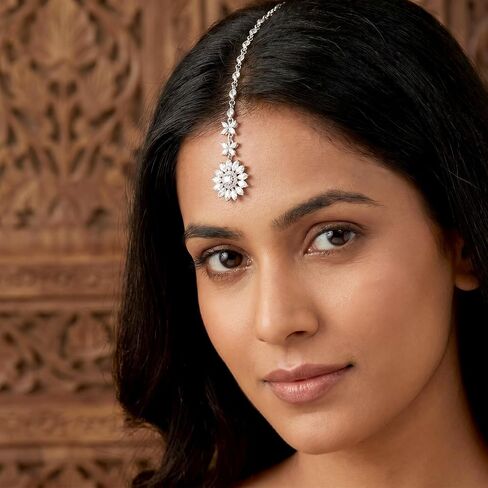 Silver Plated Maang Tikka Jewelry- Boho Indian Head Tikka Jewelry for Women- Mermaid Her Cosplay Decoration Rhinestone Flower Headpiece for Bride Wedding Headbands, Festival Head Supplies in Kuwait