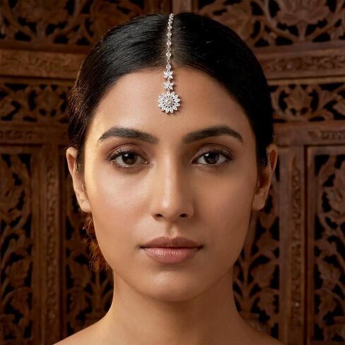 Silver Plated Maang Tikka Jewelry- Boho Indian Head Tikka Jewelry for Women- Mermaid Her Cosplay Decoration Rhinestone Flower Headpiece for Bride Wedding Headbands, Festival Head Supplies in Kuwait