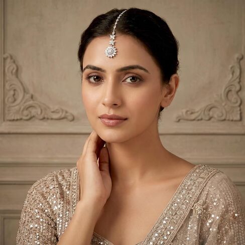 Silver Plated Maang Tikka Jewelry- Boho Indian Head Tikka Jewelry for Women- Mermaid Her Cosplay Decoration Rhinestone Flower Headpiece for Bride Wedding Headbands, Festival Head Supplies in Kuwait