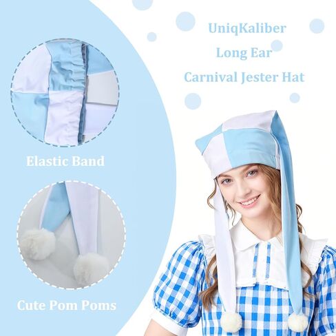 Long Ear Jester Hat Carnival Clown Costume Accessory with Pom Poms Masquerade Party Headwear for Men Women in Kuwait