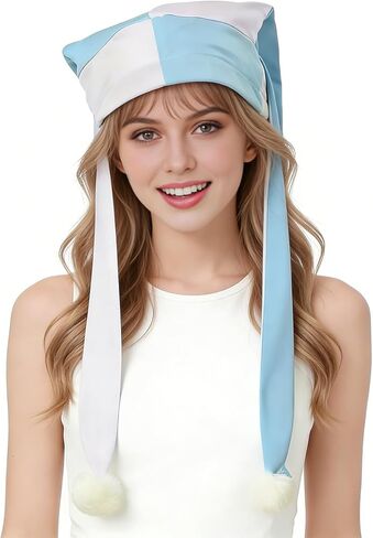 Long Ear Jester Hat Carnival Clown Costume Accessory with Pom Poms Masquerade Party Headwear for Men Women in Kuwait
