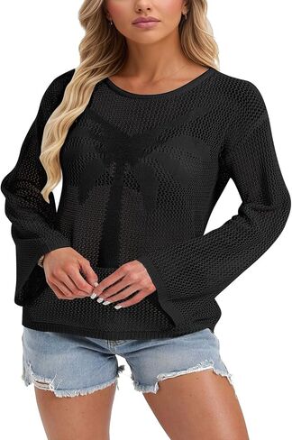 Womens Fashion 2026 Summer Bell Long Sleeve Crochet Tops Hollow Out Casual Crewneck Pullover Swimsuit Beach Coverup in Saudi Arabia