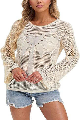 Womens Fashion 2026 Summer Bell Long Sleeve Crochet Tops Hollow Out Casual Crewneck Pullover Swimsuit Beach Coverup in Saudi Arabia
