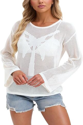 Womens Fashion 2026 Summer Bell Long Sleeve Crochet Tops Hollow Out Casual Crewneck Pullover Swimsuit Beach Coverup in Saudi Arabia