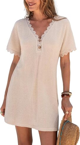 CUPSHE Swimsuit Coverup for Women Waffle Knit V Neck Short Sleeve Bathing Suit Coverup Dress in Kuwait