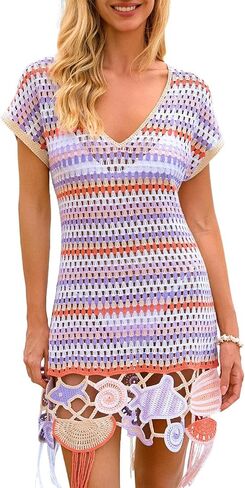 FAIRY SEASON Women's Crochet Beach Cover Up Dress, Boho Tassel Swimsuit Coverup with 3D Ocean Embroidery for Summer Vacation in Saudi Arabia