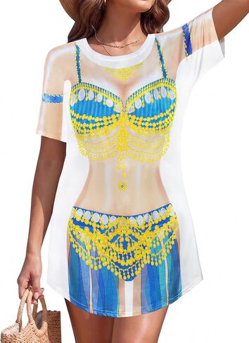 elescat Women's Bikini Body Printed Shirt Funny Cute Swimwear Short Sleeve Beach Coverups in Saudi Arabia